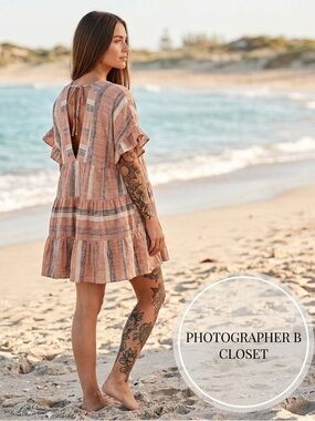 Lulus Boho Striped Double V-Neck Tiered Mini Dress Dusty Orange